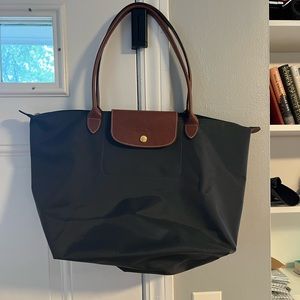 Longchamp Le Pilage Dark Grey and Brown Leather